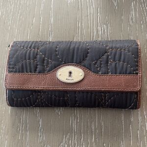 Fossil Key-Per Y2K Quilted Textile Leather Trim Black Brown Trifold Wallet EUC